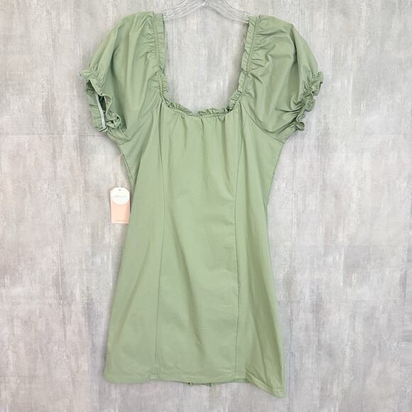Blashe Dress Large Stretch Sage Green Mini Puff Sleeve Button Up Sweetheart Line - Picture 2 of 16